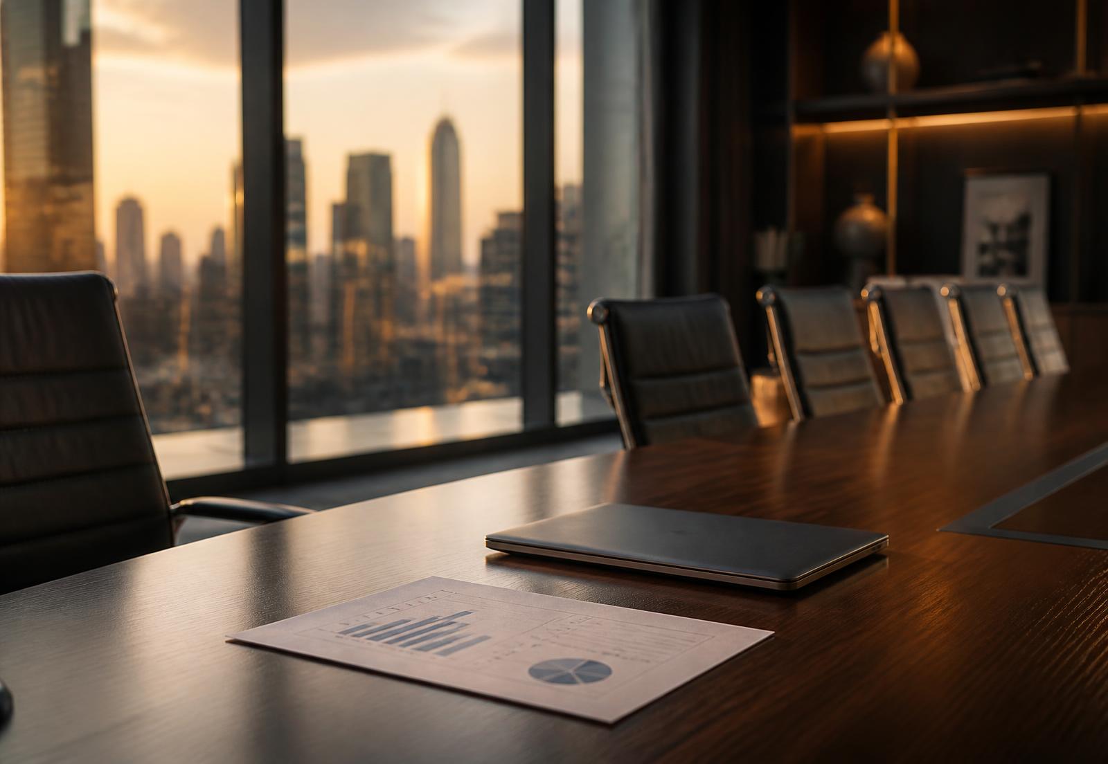 Executive boardroom at golden hour with a financial report on the table
